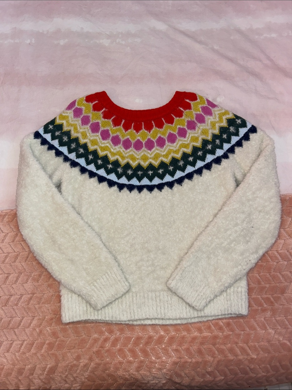 Hanna Andersson Cream Fair Isle Yoke Sweater with Red Neckline